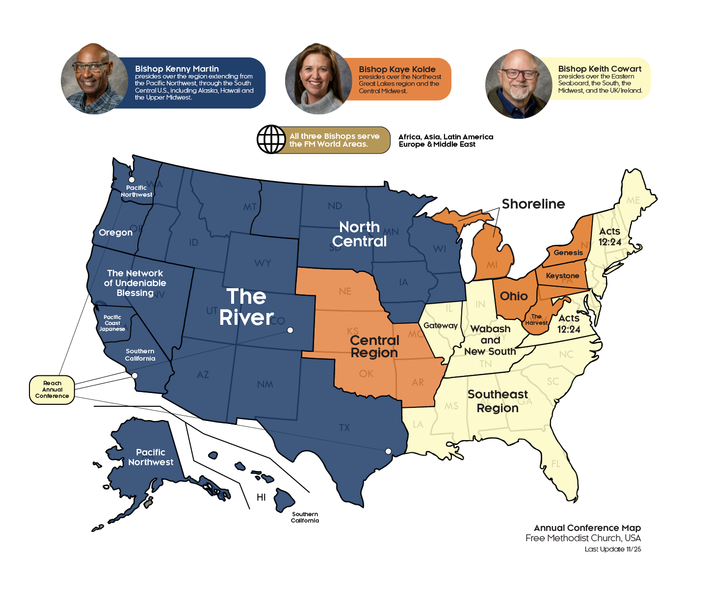 Map of the Annual Conferences 2022 with Photos of Bishops assigned to each region