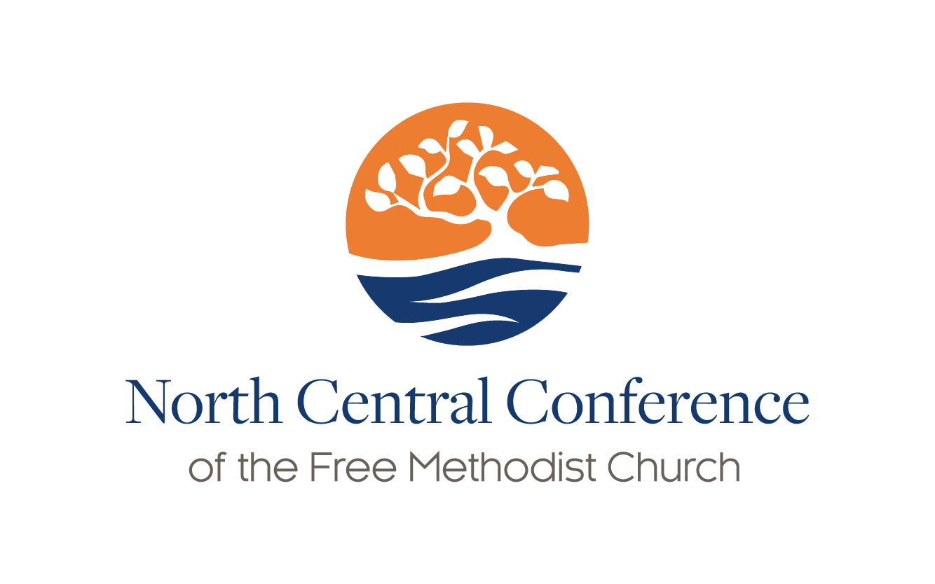 North Central Conference of the Free Methodist Church. Tree against an orange background over blue water.