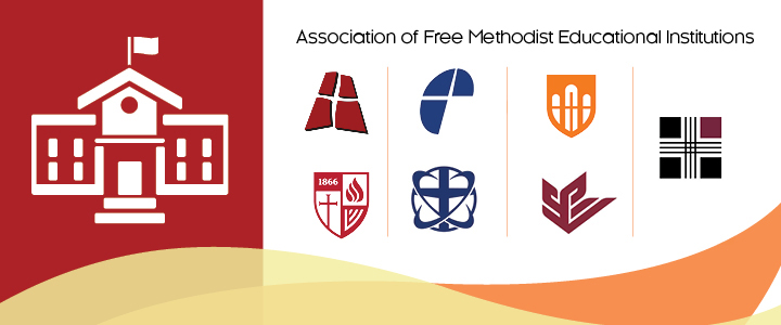 Association of Free Methodist Educational Institutions. Small banner with school icon and university logos.