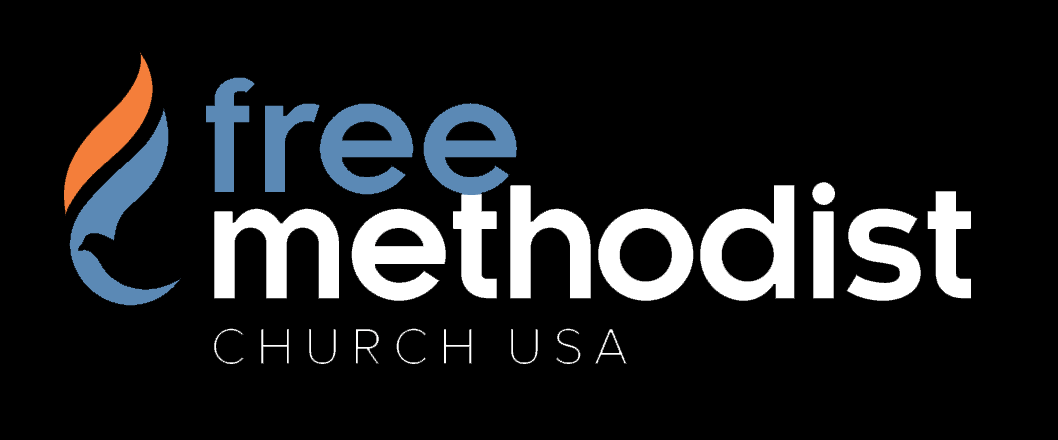 Free Methodist Church USA with Dove-Flame Mark on Black Background. Orange and Blue.