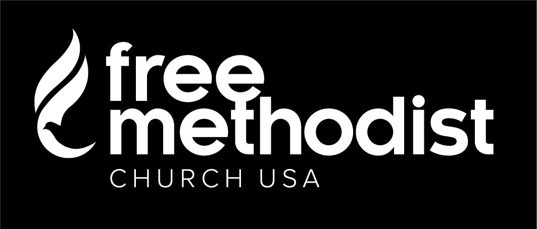 Free Methodist Church USA with Dove-Flame Mark. White text on black background.