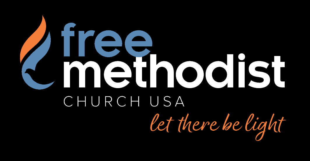 Black background. Blue, white, orange text: Free Methodist Church USA. Let their be light. Dove-Flame mark.