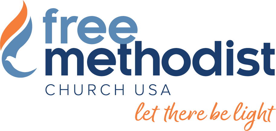 Free Methodist Church USA "let there be light" with Dove-Flame Mark. Orange and Blue.