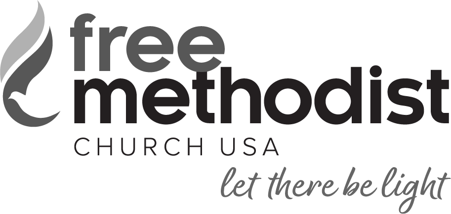 Free Methodist Church USA "let there be light" with Dove-Flame Mark. Grayscale on transparent background.