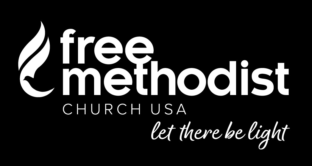 Free Methodist Church USA "let there be light" with Dove-Flame Mark. White text on black background